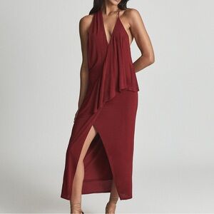 Reiss Dark Red Maroon Slinky Xena Strappy Open Back Asymmetrical Midi Dress